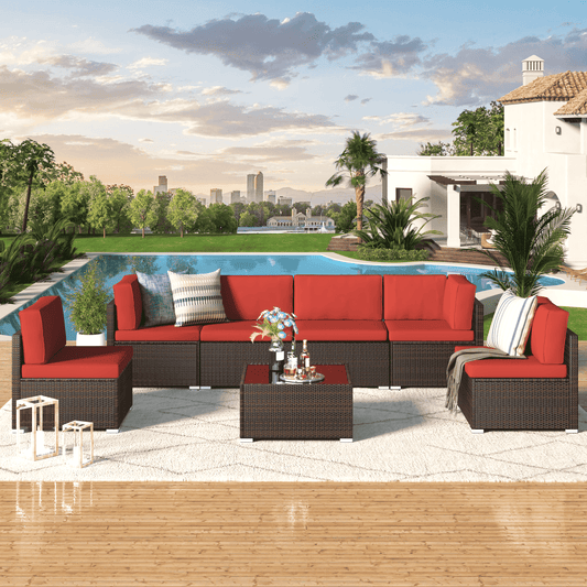 YODOLLA 7-Piece Outdoor Furniture Set, Rattan Wicker Sectional Sofa Couch Patio Conversation Set with Table In Red