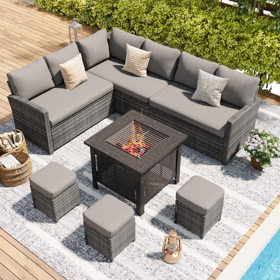 YODOLLA 7-Piece Patio Funiture Set with 30" Fire Pit Table, Outdoor Furniture Sectional Sofa, PE Rattan Wicker Patio Conversation Set in Gray