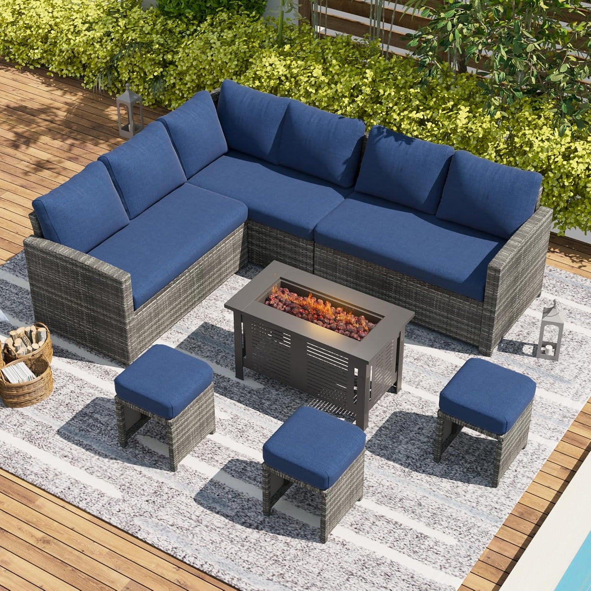 YODOLLA 7-Piece Patio Conversation Set with 43" Fire Pit Table, Outdoor Sectional Sofa, PE Rattan Wicker Furniture, Steel Frame, Navy Blue