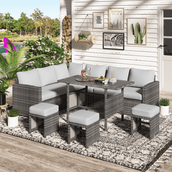 YODOLLA 7-Piece Patio Funiture Set on Sale, Outdoor Sectional Sofa Couch with Dining Table, Patio Conversation Set in Gray Wicker& Light Gray Cushions