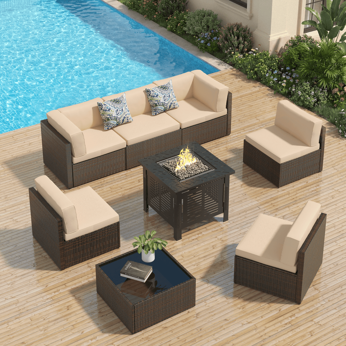 YODOLLA 7-Piece Patio Furniture Set with 30" Fire Pit Table, Rattan Wicker Outdoor Sectional Sofa Couch with Table Patio Conversation Set for Lawn& Backyard In Brown&Beige