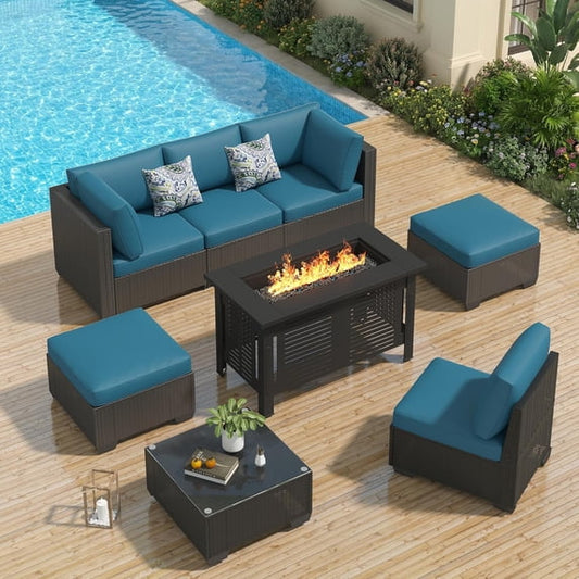 YODOLLA 7-Piece Patio Furniture Set with 43" Fire Pit Table, Rattan Wicker Outdoor Sectional Sofa Couch with Table Patio Conversation Set for Lawn& Backyard In Peacock Blue& Black