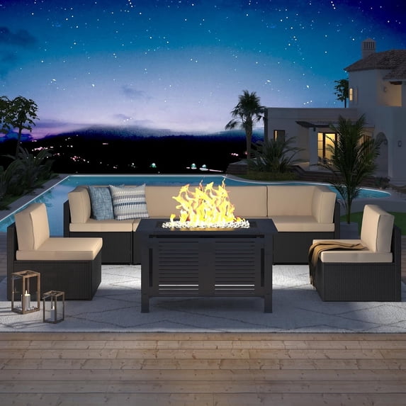 YODOLLA 7-Piece Patio Furniture Set with 43" Fire Pit Table, Rattan Wicker Outdoor Sectional Sofa Couch with Table Patio Conversation Set for Lawn& Backyard In Black& Beige