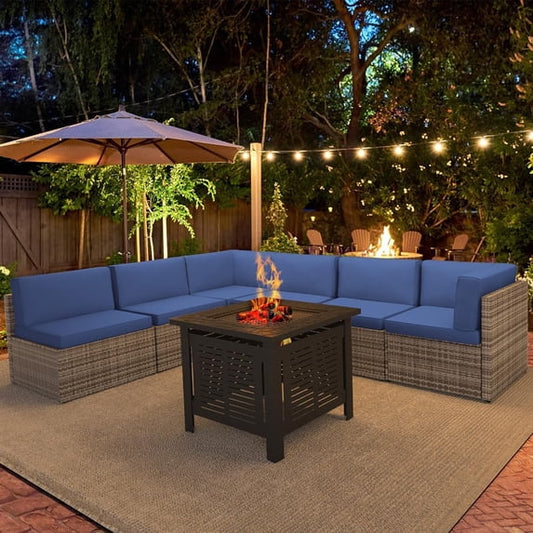 YODOLLA 7-Piece Patio Furniture Set with 30" Fire Pit Table, Rattan Wicker Outdoor Sectional Sofa Couch with Table Patio Conversation Set for Lawn& Backyard In Dark Blue