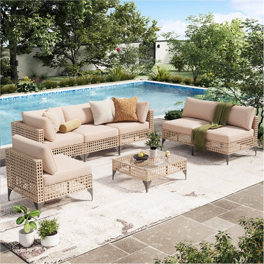YODOLLA 7-Piece Patio Furniture Set with Tea Table, Rattan Wicker Outdoor Sectional Furniture Sofa Conversation Set, Brown Rattan& Beige Cushions