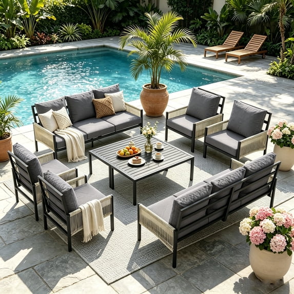 YODOLLA 7-Piece Patio Furniture Sets with 4 Retractable Chairs & Coffee Table, 10 Seat Patio Conversation Set Outdoor Furniture in Dark Gray