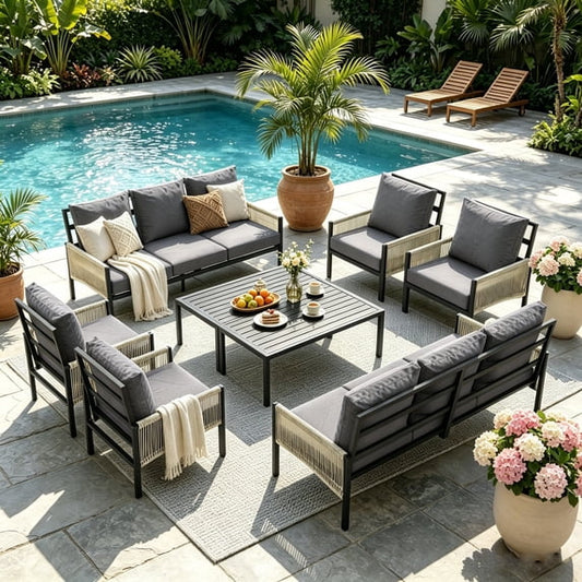 YODOLLA 7-Piece Patio Furniture Sets with 4 Retractable Chairs & Coffee Table, 10 Seat Patio Conversation Set Outdoor Furniture in Dark Gray