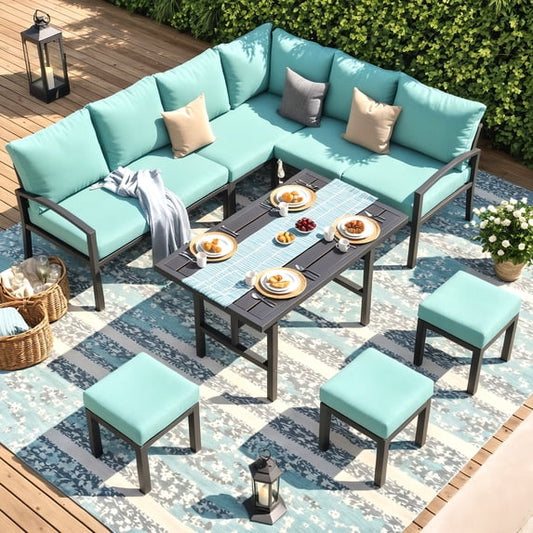 YODOLLA 7 Pieces Metal Patio Furniture Sets Outdoor Conversation Set with Dining Table and Chair, Green