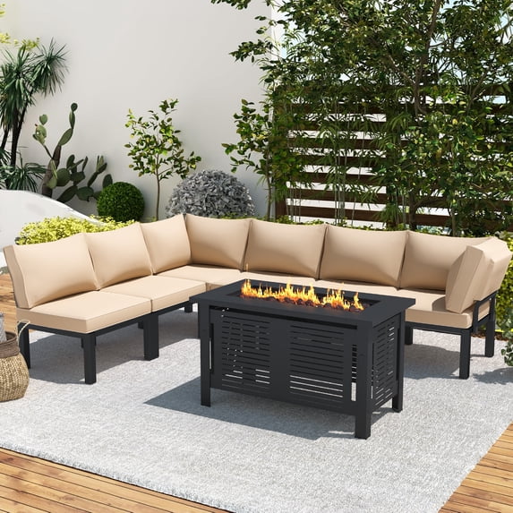 YODOLLA 7 Pieces Outdoor Metal Furniture Sets Patio Conversation Set with Coffee Table and 43" Fire Pit Table, Beige