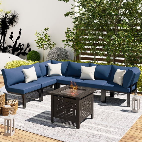 YODOLLA 7 Pieces Outdoor Patio furniture Set Clearance Metal Patio Sectional Sofa Set on sale with Navy Blue Cushions and 30" Fire Pit Table