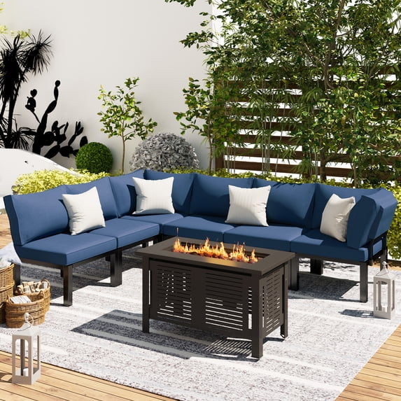 YODOLLA 7 Pieces Outdoor Patio furniture Set Clearance Metal Patio Sectional Sofa Set on sale with Navy Blue Cushions and 43" Fire Pit Table