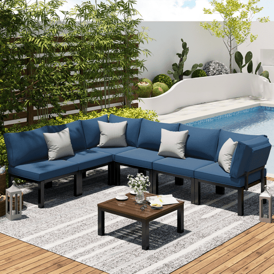 YODOLLA 7 Pieces Outdoor Patio furniture Set Clearance Metal Patio Sectional Sofa Set on sale with Navy Blue Cushions