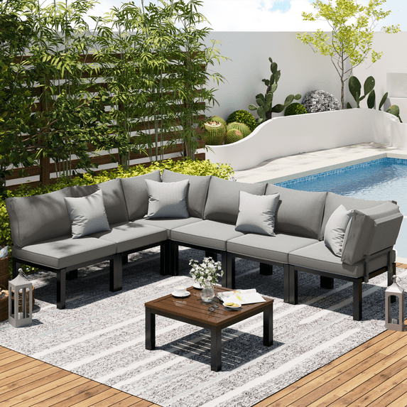 YODOLLA 7 piece Outdoor Patio furniture Set Clearance Metal Patio Sectional Sofa Set on sale with Grey Cushions