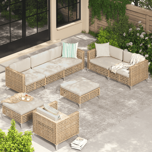 YODOLLA 8-Piece Patio Furniture Set, Boho Style Rattan Wicker Sectional Sofa Couch Outdoor Conversation Set with Table In Beige