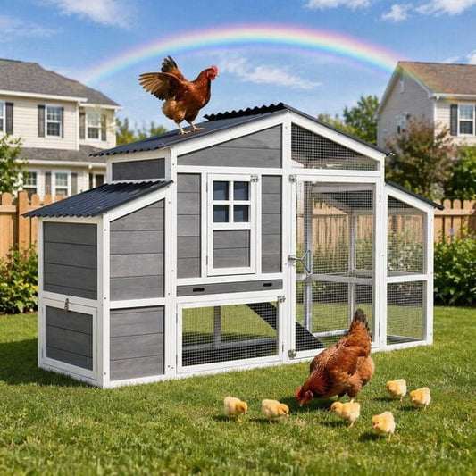 YODOLLA 81" Large Chicken Coop, Outdoor Wooden Hen House with Run, Backyard Poultry Cage for 6 Chickens