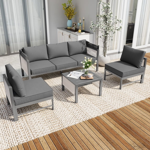 YODOLLA Aluminum Patio Furniture Sets, 4 Pieces Outdoor Sectionl Sofa with Retractable Canopy, Patio Conversation Set with Dark Gray Cushions for Outdoor
