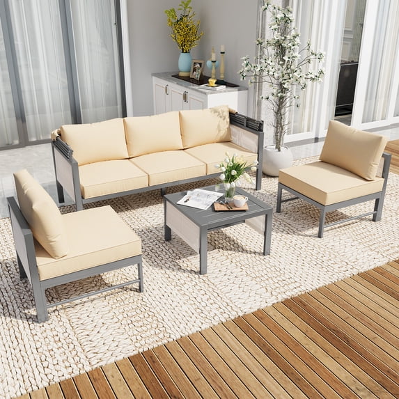 YODOLLA Aluminum Patio Furniture Sets, 4 Pieces Outdoor Sectionl Sofa with Retractable Canopy, Patio Conversation Set with Beige Cushions for Outdoor