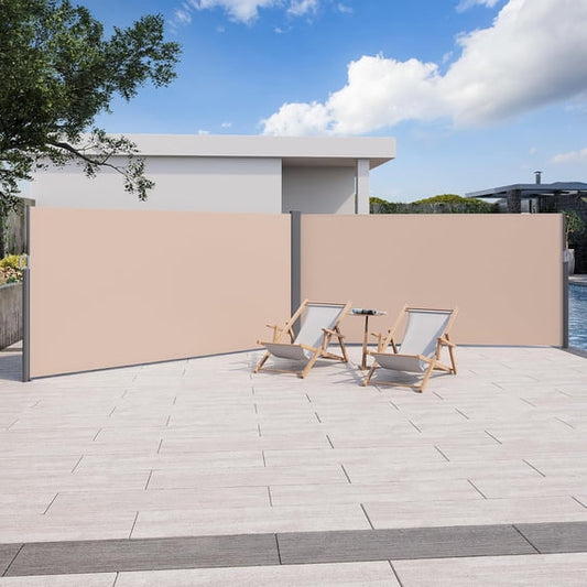 YODOLLA Double Retractable Side Awning, 236" x 63"Double Side Awning, Waterproof Folding Outdoor Privacy Screen, 280g Premium Polyester Fabric Room Divider for Patio, Garden and Terrace, Beige