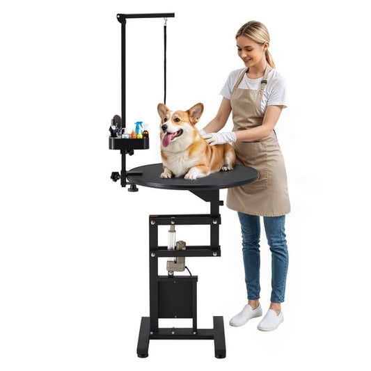 YODOLLA Electric Lift Dog Grooming Table With 24" Rotating Desktop Pet Grooming Table with Foldable Arm For Dogs at Home Tool Organizer and Wired Remote, Black