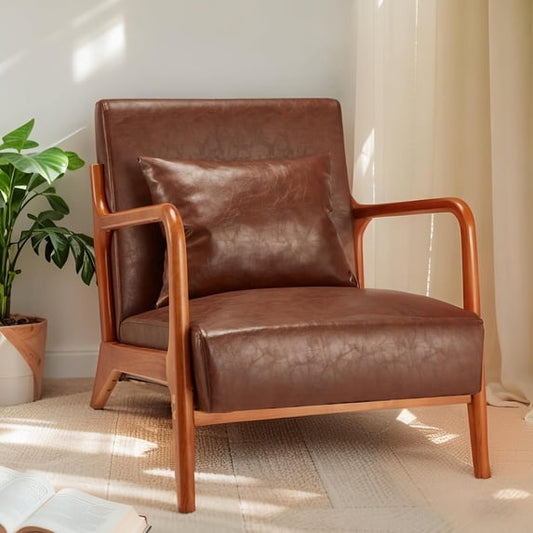 YODOLLA Faux Leather Accent Chair Mid Century Modern Living Room Chair Side Arm Chair in Brown