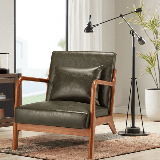 YODOLLA Faux Leather Accent Chair Mid Century Modern Living Room Chair Side Arm Chair in Green