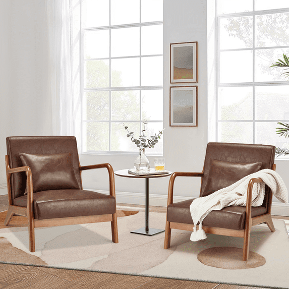 YODOLLA Faux Leather Accent Chair Set of 2, Mid Century Modern Living Room Chair Side Arm Chair in Brown