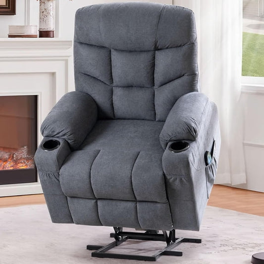 YODOLLA Large Power Lift Recliner for Elderly Heavy Duty Fabric Electric Lift Chair with Heated Vibration Massage in Blue Gray