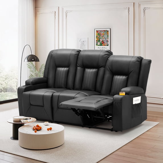 YODOLLA Manual Reclining Sofa with Cup Holders&Side Pockets, PU Leather Home Theater Seating, 3 Seat Recliner Chair for Adults-Black