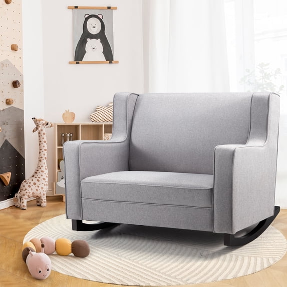 YODOLLA Nursery Rocking Chairs with Spacious Wingback, Double Wide Rocker,Cream, Gray