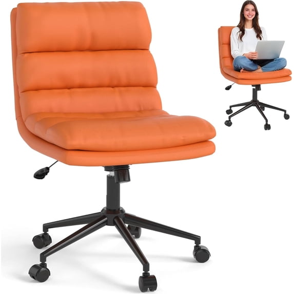 YODOLLA Office Chair with Wheels, Adjustable Height Vanity Chair with Back Armless Desk Chair and PU Leather Swivel Chair for Office, Home, Orange