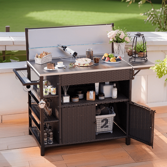 YODOLLA Outdoor Bar Cart with Rattan Storage Cabinet, Outdoor Prep Table Grill Cart with Rolling Wheels, Dark Brown