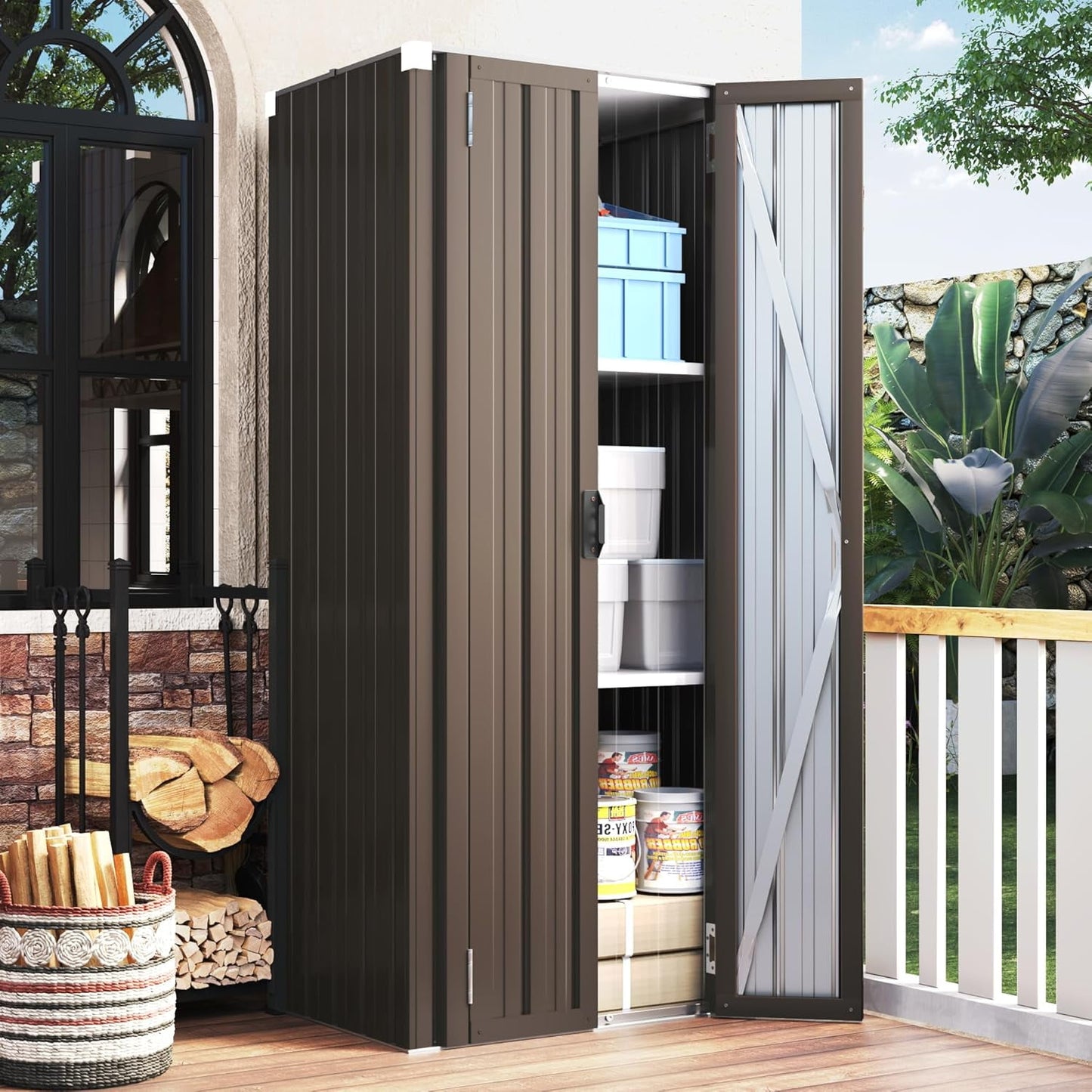 YODOLLA Outdoor Metal Storage, Cabinet with Adjustable Shelves & Locking Doors, for Home, Office,Garden, Brown
