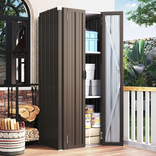 YODOLLA Outdoor Metal Storage, Cabinet with Adjustable Shelves & Locking Doors, for Home, Office,Garden, Brown