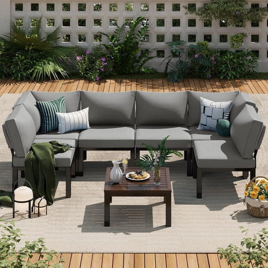 YODOLLA Outdoor Patio Furniture Set, Metal Patio Sectional Conversation Sofa Clearance, Black Wrought Iron Outdoor Furniture Sets with Grey Cushions