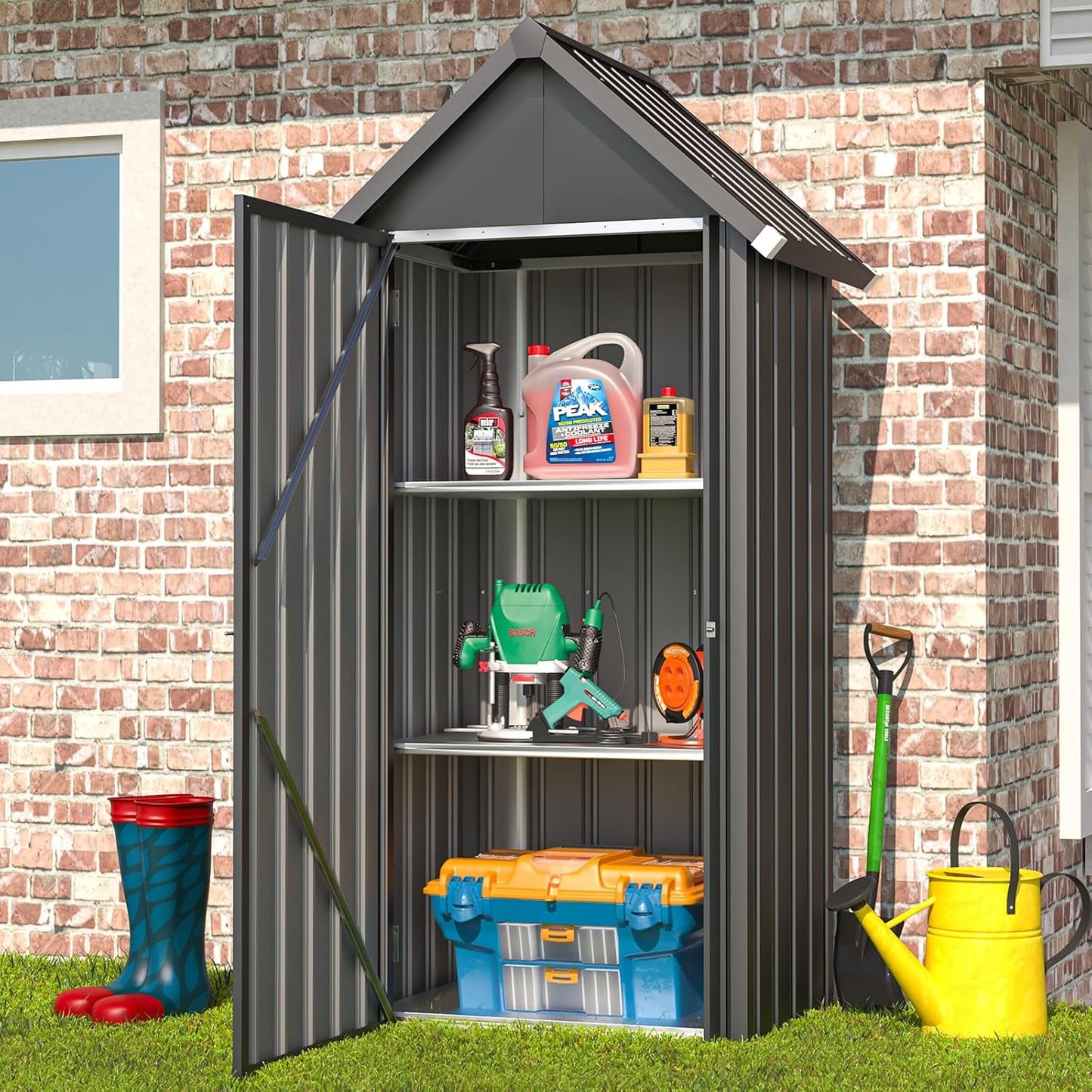 YODOLLA Outdoor Storage Cabinet with Shelves Metal Vertical Storage Shed Organizer for Garden & Patio in Gray