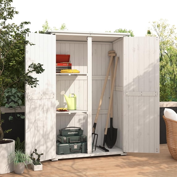 YODOLLA Outdoor Wooden Storage Shed w/ Waterproof Roof, Patio Storage Cabinet Tool Shed with 2 Removable Shelves and Double Lockable Doors in White