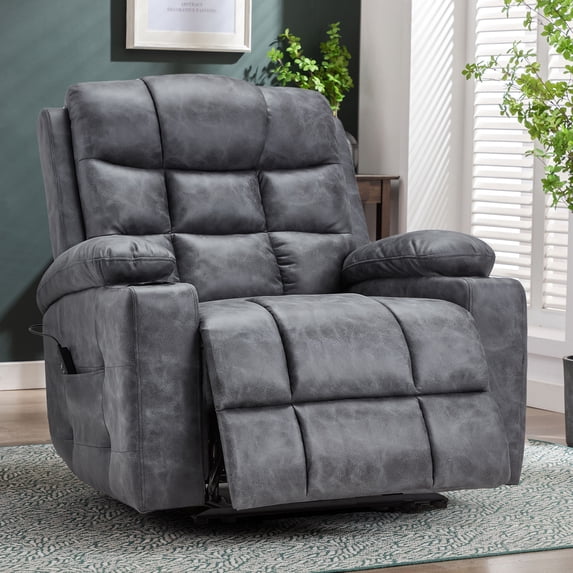 YODOLLA Oversized Nursery Electric Recliner Chair, Power Sofa with USB & Cup Holders, Breathable Leather Fabric, Home Theater Seating in Bronze Dark Grey