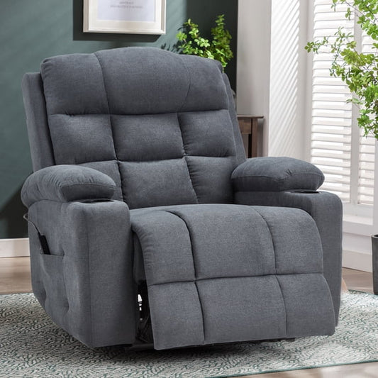 YODOLLA Oversized Nursery Electric Recliner Chair, Power Sofa with USB & Cup Holders, Breathable Leather Fabric, Home Theater Seating in Grey