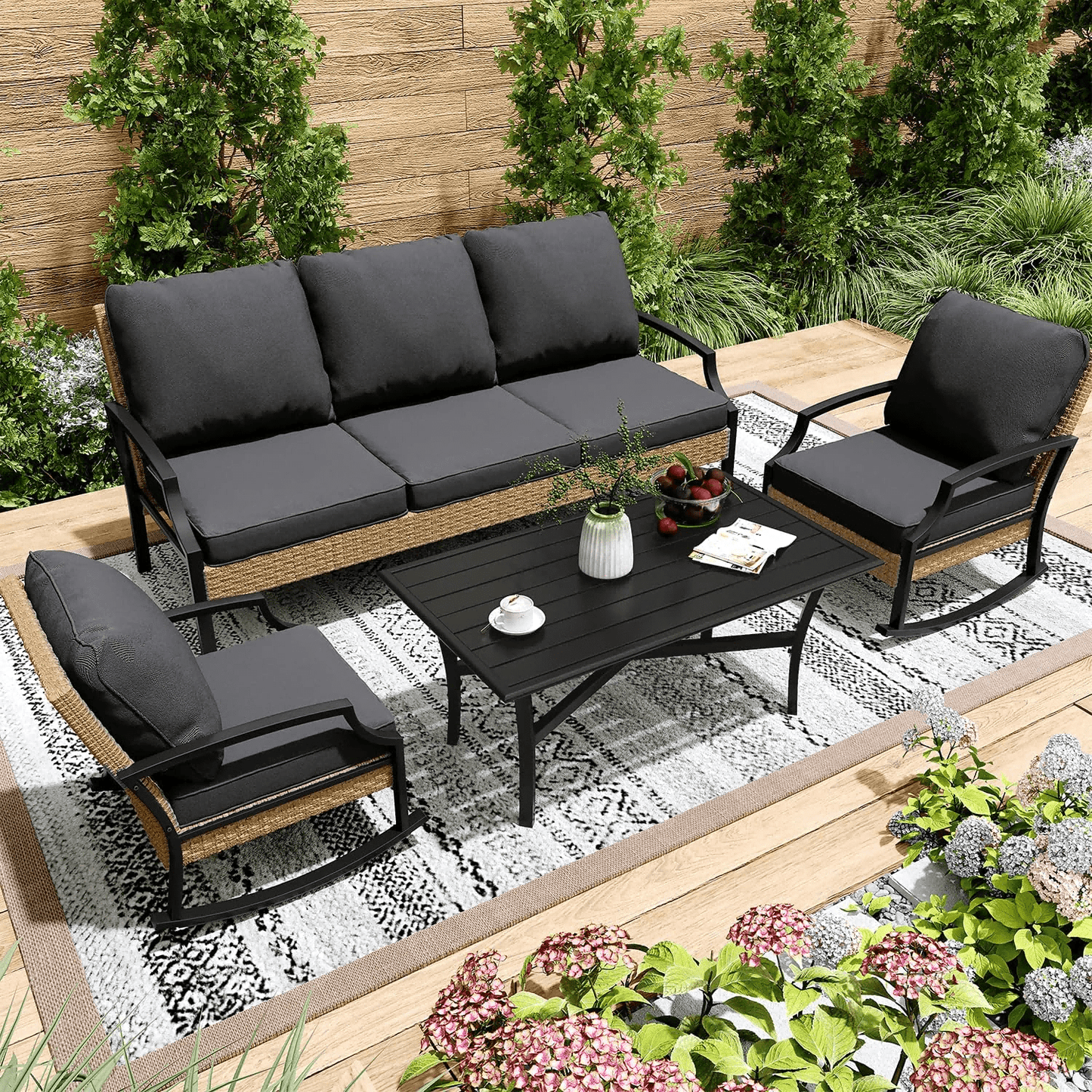 YODOLLA Patio Furniture Sets On Sale,Metal Outdoor Furniture Sets Clearance,Wicker Rattan Patio Conversation Sets For Porch, Garden, Deck and Backyard,Dark Grey