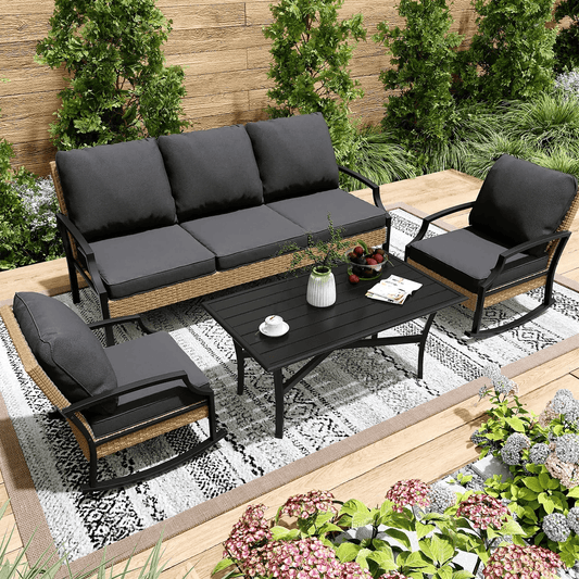 YODOLLA Patio Furniture Sets On Sale,Metal Outdoor Furniture Sets Clearance,Wicker Rattan Patio Conversation Sets For Porch, Garden, Deck and Backyard,Dark Grey