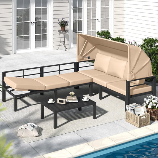 YODOLLA Patio Furniture Sets with Retractable Canopy & 2 Adjustable Backrests, Outdoor Furniture Sets with Coffee Table in Beige