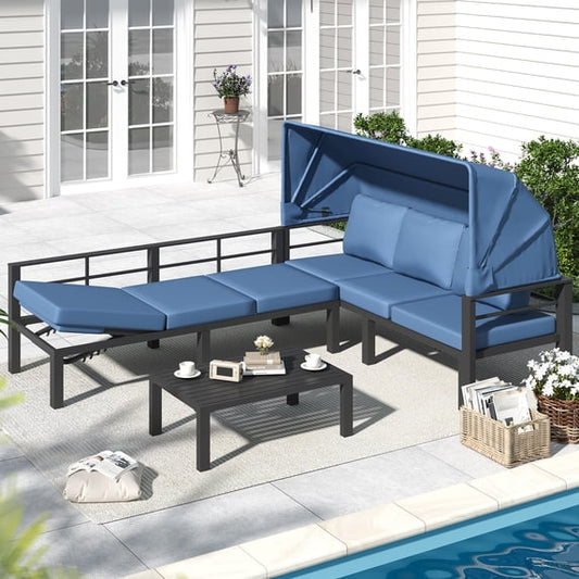 YODOLLA Patio Furniture Sets with Retractable Canopy & 2 Adjustable Backrests, Outdoor Furniture Sets with Coffee Table in Dark Blue