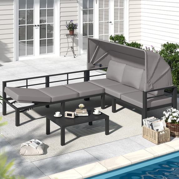 YODOLLA Patio Furniture Sets with Retractable Canopy & 2 Adjustable Backrests, Outdoor Furniture Sets with Coffee Table in Gray