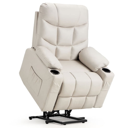 YODOLLA Large Power Lift Recliner for Elderly Heavy Duty Faux Leather Electric Lift Chair with Heated Vibration Massage in Cream White