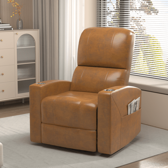 YODOLLA Power Recliner Chair Faux Leather Sofa Chair for Adult with Side Pocket and Cup Holders Nursery, Living Room, Bedroom, Brown