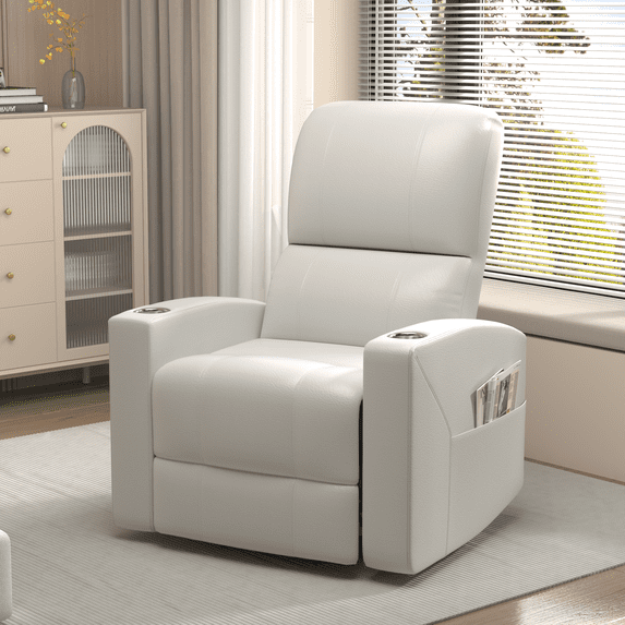 YODOLLA Power Recliner Chair Faux Leather Sofa Chair for Adult with Side Pocket and Cup Holders Nursery, Living Room, Bedroom, White