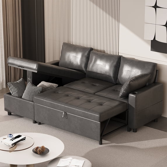 YODOLLA Sofa Bed, 3 in 1 Sleeper Sofa with Storage Chair, Faux Leather L Shape Couch, Sectional Pull Out Sofa Bed Mid Century Modern Couch for Living Room Clearance, Comfy Sleeper Couch in Black