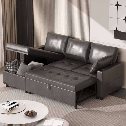 YODOLLA Sofa Bed, 3 in 1 Sleeper Sofa with Storage Chair, Faux Leather L Shape Couch, Sectional Pull Out Sofa Bed Mid Century Modern Couch for Living Room Clearance, Comfy Sleeper Couch in Black