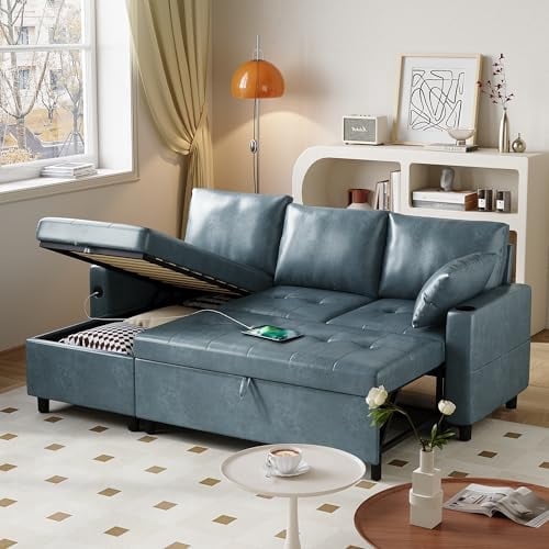 YODOLLA Sofa Bed, 3 in 1 Sleeper Sofa with Storage & USB Charging Cup Holders Chair, Faux Leather L Shape & Sectional Pull Out Sofa Bed Mid Century Modern Couch for Living Room Clearance, in Blue