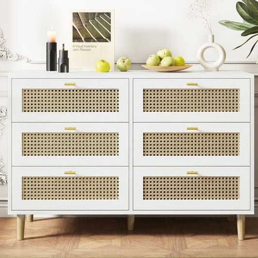 YODOLLA Wood Dresser, 6 Drawer Double Rattan Dresser, Moisture-Resistant Wide Storage Dresser with Chest of Drawers, Ideal for Bedroom, Living Room, and Hallway, White